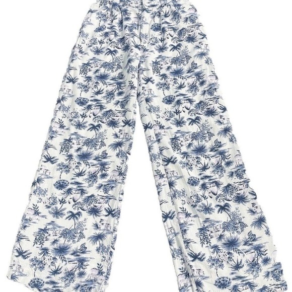 Abercrombie & Fitch Tailored Linen Blend Palm Tree Print Pants Blue and White - Picture 2 of 10